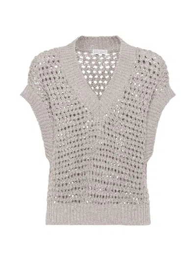 Brunello Cucinelli Women's Silk And Linen Net Jumper In Light Grey