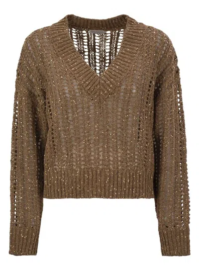 BRUNELLO CUCINELLI WOMEN'S SILK AND LINEN V-NECK SWEATER