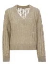 Brunello Cucinelli Silk And Linen V-neck Sweater In Sand