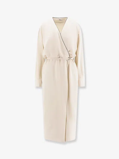 Brunello Cucinelli Double-breasted V-neck Dress In Neutral