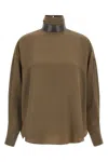 Brunello Cucinelli Silk Blouse With High Collar And Keyhole Back In Brown