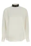 Brunello Cucinelli Silk Blouse With High Collar And Keyhole Back In White