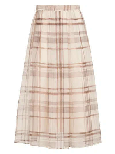 Brunello Cucinelli Silk Organza Pleated Skirt In Macrocheck Print In Neutral