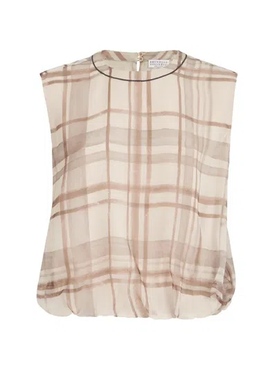 Brunello Cucinelli Women's Silk Organza T-shirt In Macrocheck Print With Shiny Neck Detail In Brown