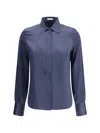 Brunello Cucinelli Long-sleeve Silk Shirt In Blue