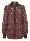 Brunello Cucinelli Floral Sequin Embellished Silk Collared Top In Brown