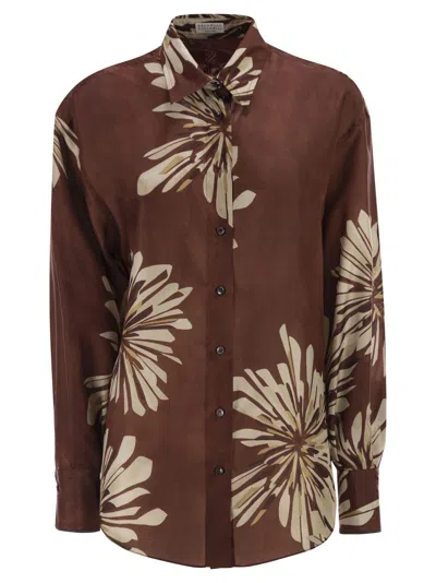 Brunello Cucinelli Women Silk Shirt With Floral Print In Brown