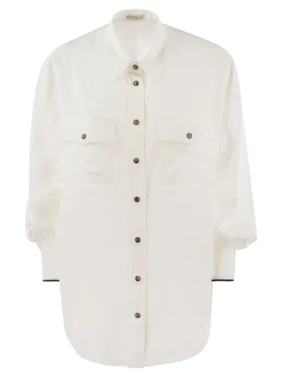 Brunello Cucinelli Elegant Silk Snap-front Shirt With Pockets In White