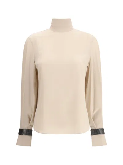 Brunello Cucinelli Women Silk Turtleneck Blouse With Precious Bracelets In Gray