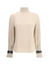 Brunello Cucinelli Women Silk Turtleneck Blouse With Precious Bracelets In Neutral