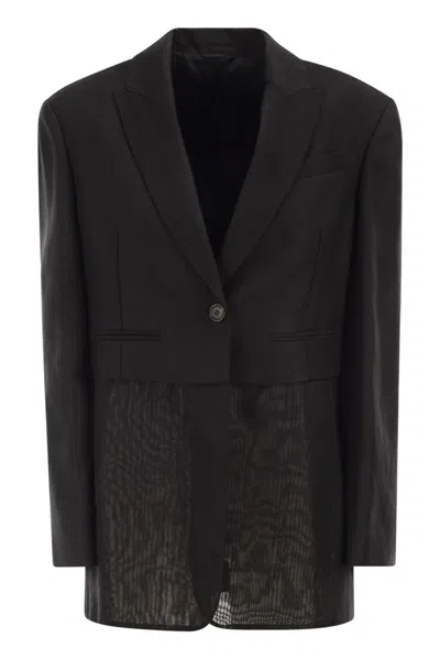 Brunello Cucinelli Women's Single-breasted Viscose And Linen Jacket With Transparent Insert In Black
