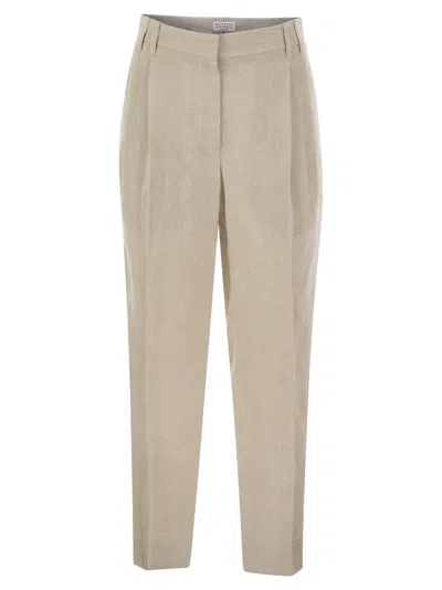 Brunello Cucinelli Women Slouchy Trousers In Sparkling Linen Canvas With Jewellery In Neutral