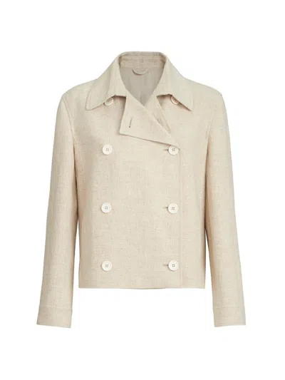 Brunello Cucinelli Women's Slubbed Linen, Silk And Hemp Cropped Pea Coat With Monili In Sand