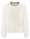 Brunello Cucinelli Women Smooth Cotton Fleece Topwear With Ribbed Collar Precious In White