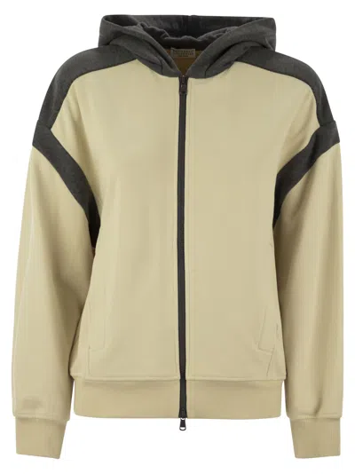 Brunello Cucinelli Women Smooth Cotton Fleece Topwear With Zip, Hood And Shiny Trim