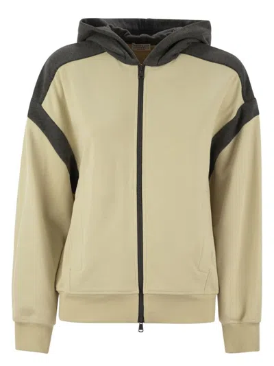 BRUNELLO CUCINELLI WOMEN'S SMOOTH COTTON FLEECE TOPWEAR WITH ZIP, HOOD AND SHINY TRIM