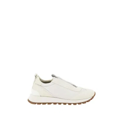 Brunello Cucinelli Women Slip On Sneakers In Leather And Fabric In White