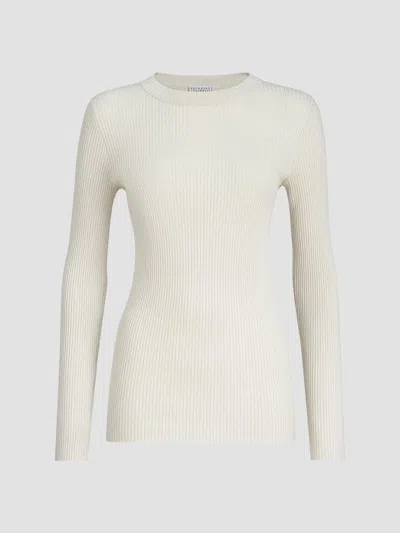 Brunello Cucinelli Women's Sparkling Cashmere And Silk Rib Knit Lightweight Sweater In White