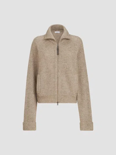 Brunello Cucinelli Women's Sparkling Cashmere, Mohair And Wool Ribbed Cardigan With Shiny Zipper Pull In Brown