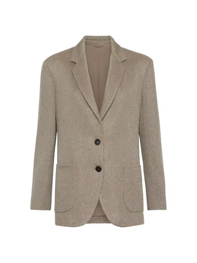 Brunello Cucinelli Women's Sparkling Cotton And Viscose English Rib Knit Blazer In Sand