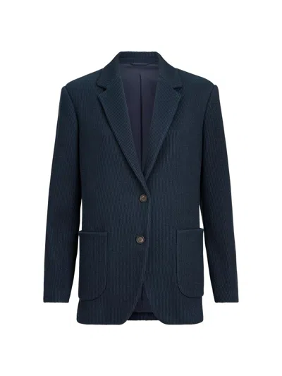 Brunello Cucinelli Sparkling Cotton And Viscose English Rib Knit Blazer With Monili In Blue