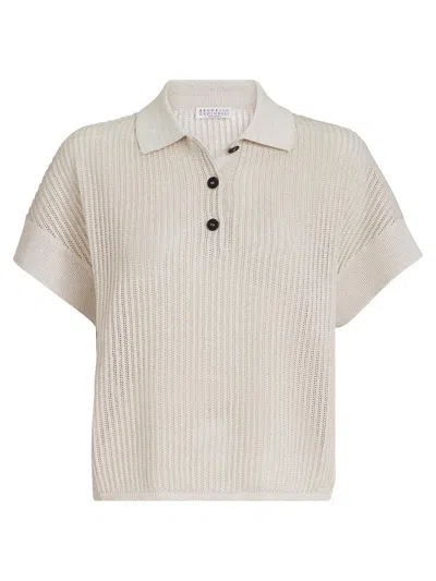 Brunello Cucinelli Women's Sparkling Cotton Ribbed Net Polo Shirt In Neutral
