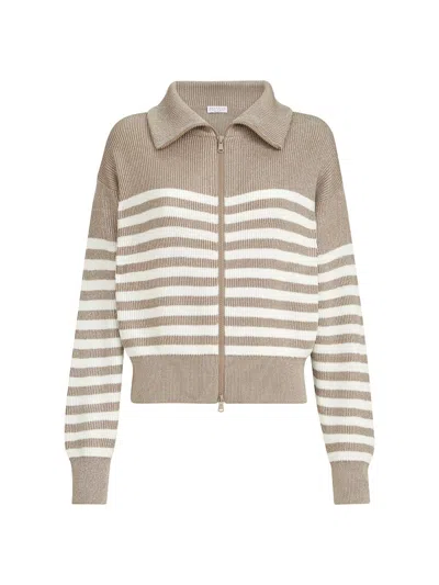 Brunello Cucinelli Sparkling Cotton Striped English Rib Cardigan With Zipper And Monili In Multi