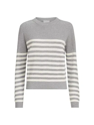 Brunello Cucinelli Sparkling Cotton Striped English Rib Sweater With Monili In Gray