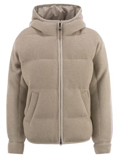 Brunello Cucinelli Women Sparkling English Coast Cashmere Knit Jacket With Hood And Shiny Zip Pull In Brown