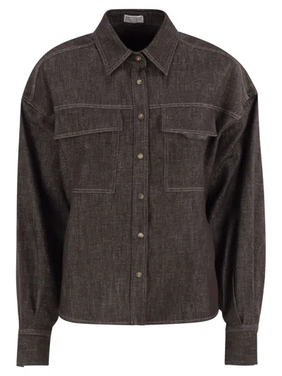 BRUNELLO CUCINELLI BRUNELLO CUCINELLI WOMEN SPARKLING NO-FADE DENIM SHIRT WITH SHINY FLAP DETAIL
