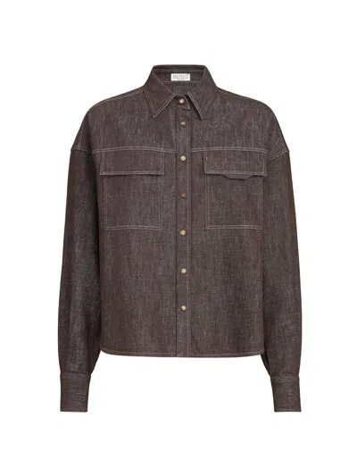 Brunello Cucinelli Women's Sparkling No Fade Denim Shirt With Shiny Flap Detail In Brown