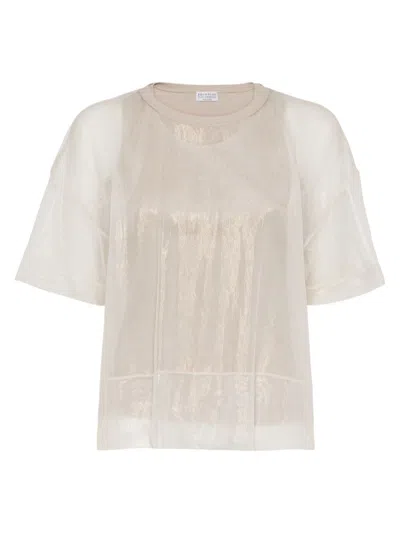 Brunello Cucinelli Semi-sheer Layered T-shirt In Beige