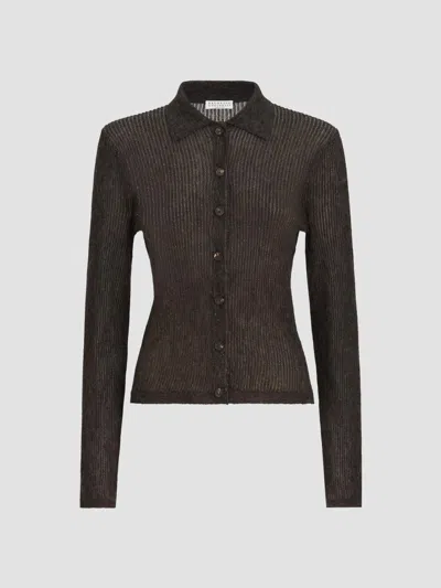 Brunello Cucinelli Sparkling Silk, Alpaca And Wool Rib-knit Cardigan In Brown