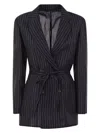 Brunello Cucinelli Sparkling Stripe Cotton Gauze Jacket With Belt And Necklace In Night Blue