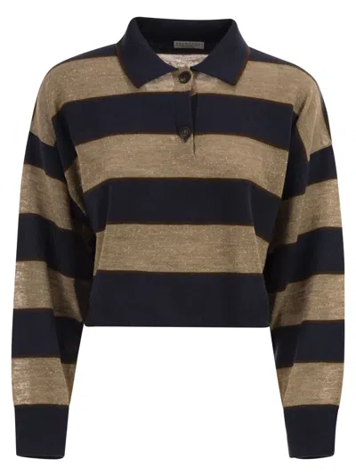 Brunello Cucinelli Women Sparkling Stripes Cropped Polo Shirt In Virgin Wool, Cashmere And Linen Kni In Multi