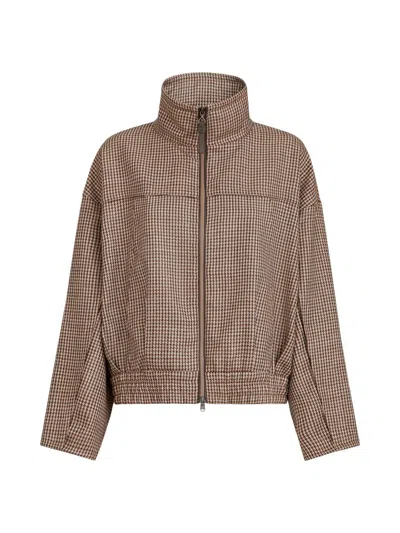 Brunello Cucinelli Sparkling Virgin-wool Houndstooth Outerwear Jacket With Leather Piping And Shiny Zipper Pull In Brown