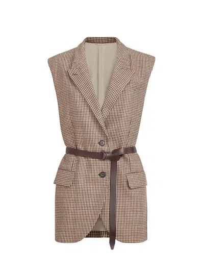 Brunello Cucinelli Sparkling Virgin-wool Houndstooth Vest With Leather Inserts, Belt And Monili In Brown