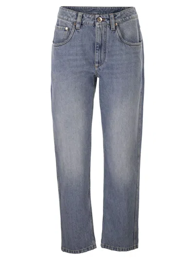 Brunello Cucinelli Women Straight Trousers In Authentic Denim With Shiny Bartack In Blue