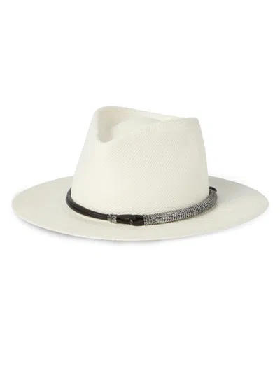 Brunello Cucinelli Women's Straw Fedora With Precious Leather Band In White