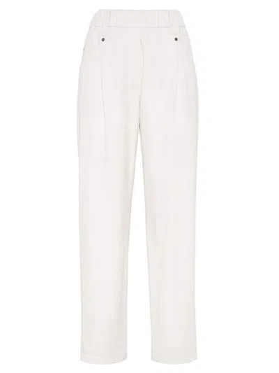 Brunello Cucinelli Women's Stretch Cotton Cover Baggy Pull On Trousers In White