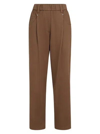 Brunello Cucinelli Baggy Trousers In Stretch Cotton Cover-up With Shiny Bartack In Brown