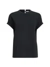 Brunello Cucinelli Women Blue Crewneck T-shirt With Monil Detail On The Collar And Rear Cut-out In C In Black