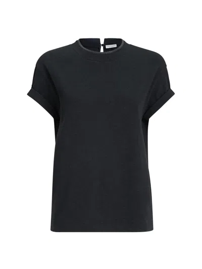 BRUNELLO CUCINELLI WOMEN'S STRETCH COTTON JERSEY T SHIRT WITH MONILI