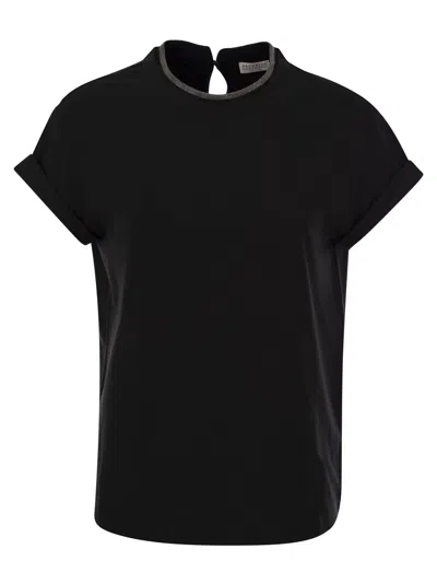 Brunello Cucinelli Women Stretch Cotton Jersey T-shirt With Precious Faux-layering In Black