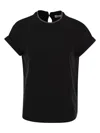 Brunello Cucinelli Blue Crewneck T-shirt With Monil Detail On The Collar And Rear Cut-out In Cotton Stretch Woman In Black