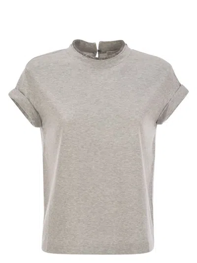 Brunello Cucinelli Women's Stretch Cotton Jersey T-shirt With Precious Faux-layering In Silver