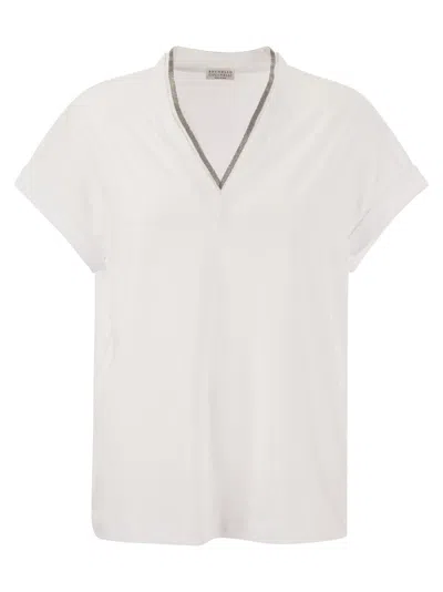 Brunello Cucinelli Women Stretch Cotton Jersey T-shirt With Precious Neckline In White