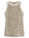 Brunello Cucinelli Stretch Cotton Jersey Top With Dazzling Net Embroidery