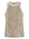 Brunello Cucinelli Stretch Cotton Jersey Top With Dazzling Net Embroidery In Light Beige