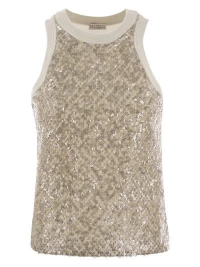 BRUNELLO CUCINELLI WOMEN'S STRETCH COTTON JERSEY TOP WITH DAZZLING NET EMBROIDERY